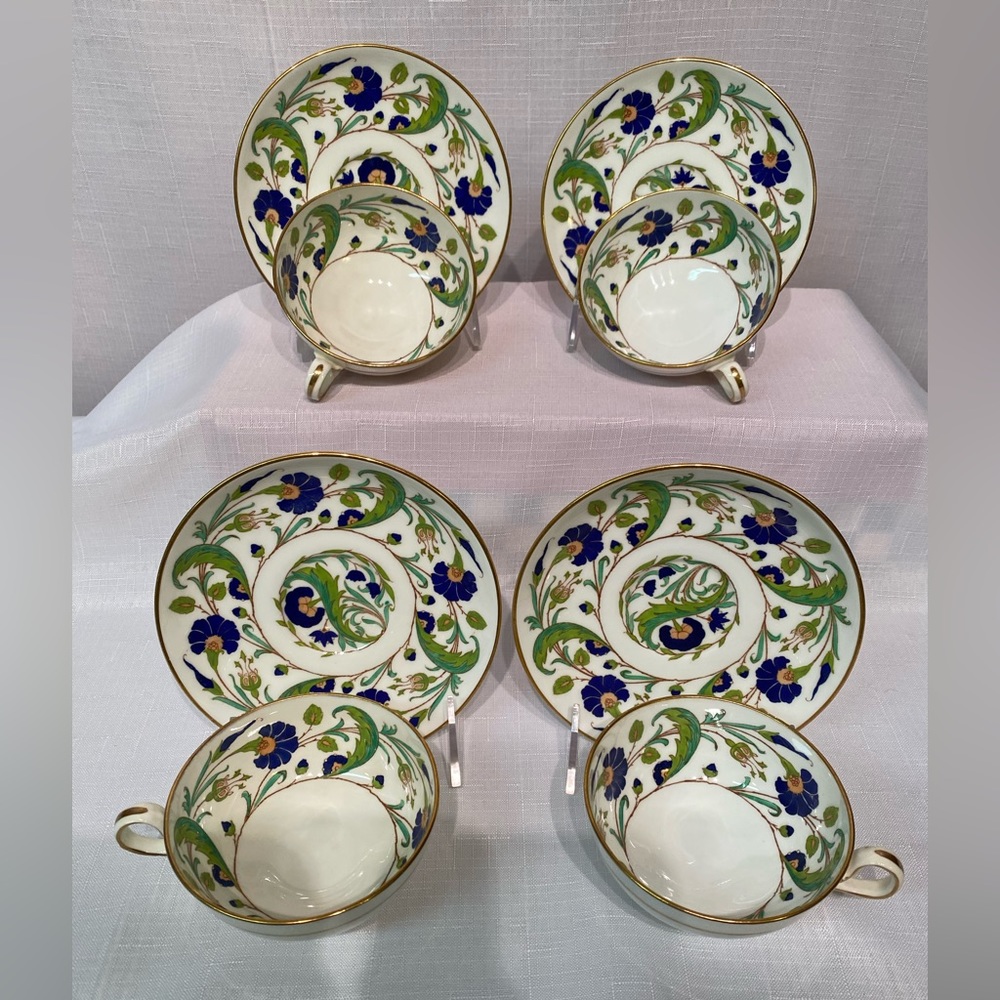 Antique Mintons Cup & Saucers Set 4 Blue Flowers Turquoise Scrolls Pattern H2764